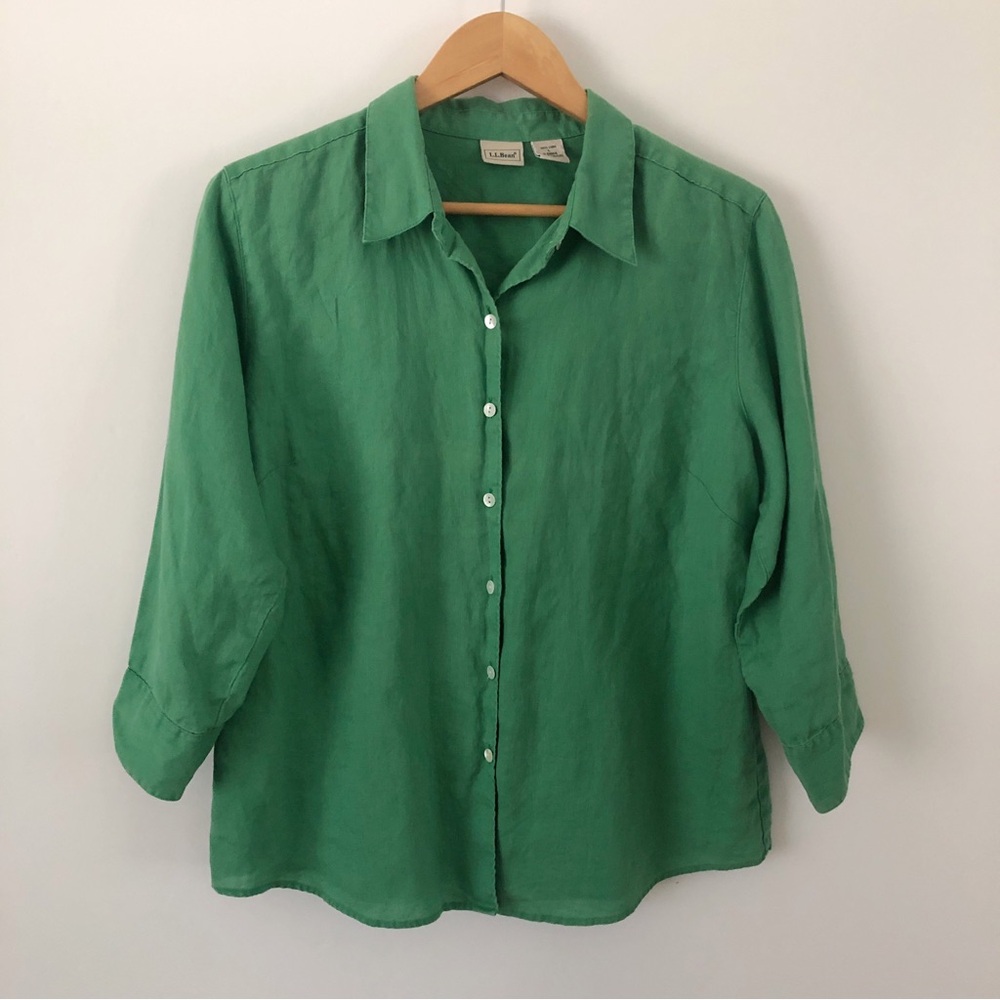 LL Bean Green Machine Washable Linen 3/4 Sleeve Button Up Shirt Size LARGE Top